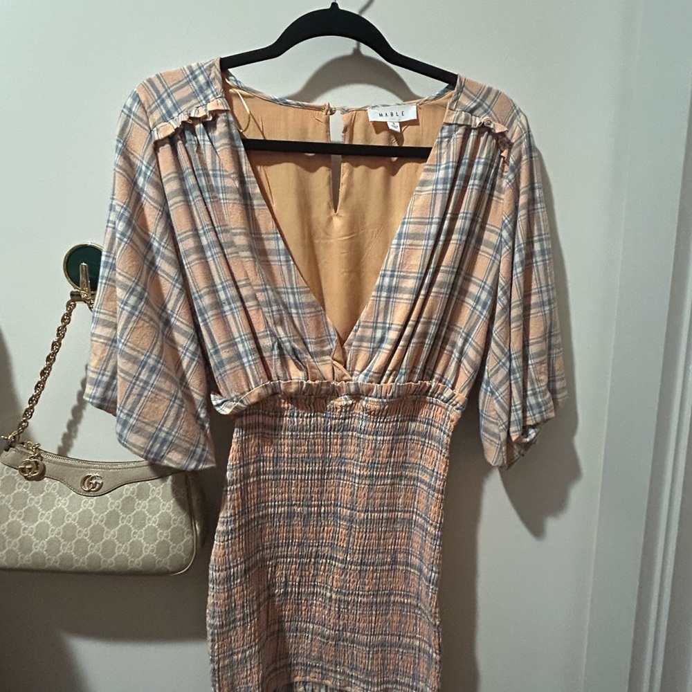 Mable Peach and Cream Plaid V-Neck Smocked Midi Dress